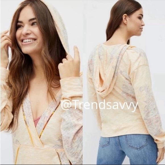 ANTHROPOLOGIE Floral V-Neck Hoodie Pullover Long Sleeve Tops Size S NWT